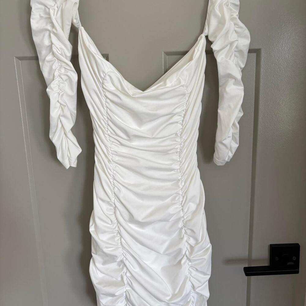 SHEIN White Ruched Bodycon Dress with 3/4 Sleeves-Size M
